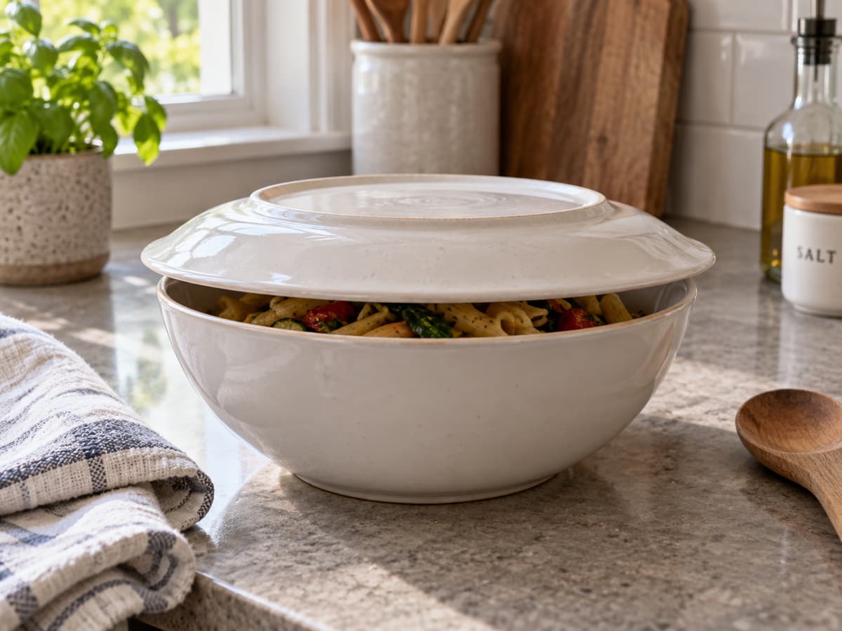 Assiette retournée posée comme couvercle sur un bol en céramique contenant un reste de repas, sur un plan de travail de cuisine.