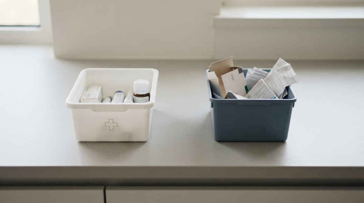 Deux bacs de tri distincts sur une table neutre : à gauche un bac de pharmacie contenant des médicaments, à droite un bac de recyclage papier contenant des boîtes en carton vides et des notices en papier.