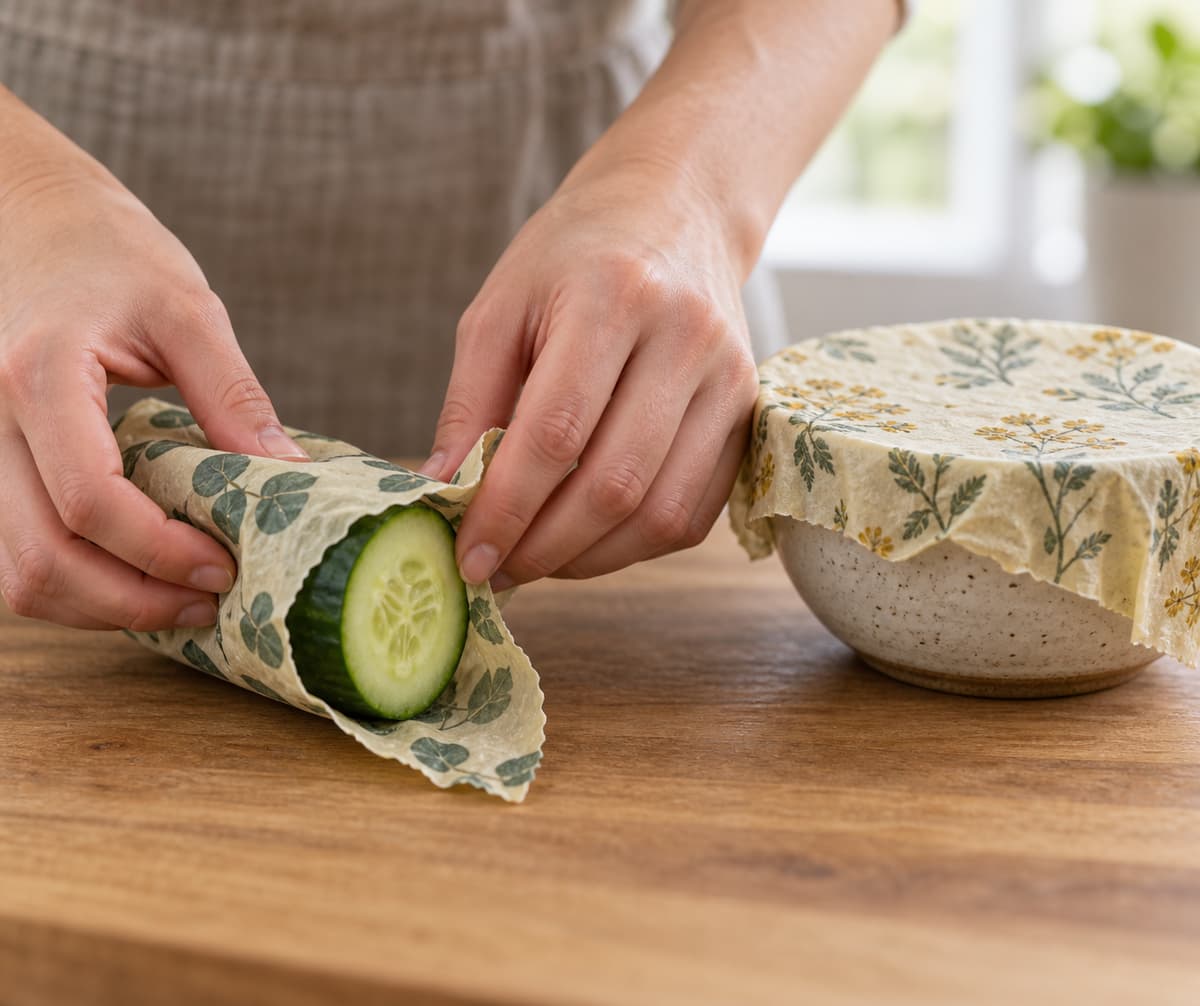 Des mains replient un bee wrap en tissu ciré autour d'un demi-légume et du rebord d'un petit bol sur un plan de travail en bois.