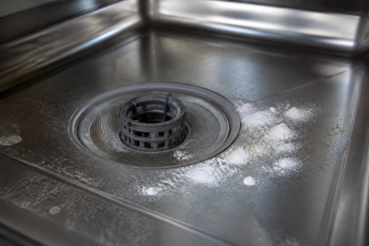Fond d'une cuve de lave-vaisselle vide avec une petite quantité de bicarbonate blanc déposée près du filtre, et de légers résidus alimentaires sur la surface métallique.