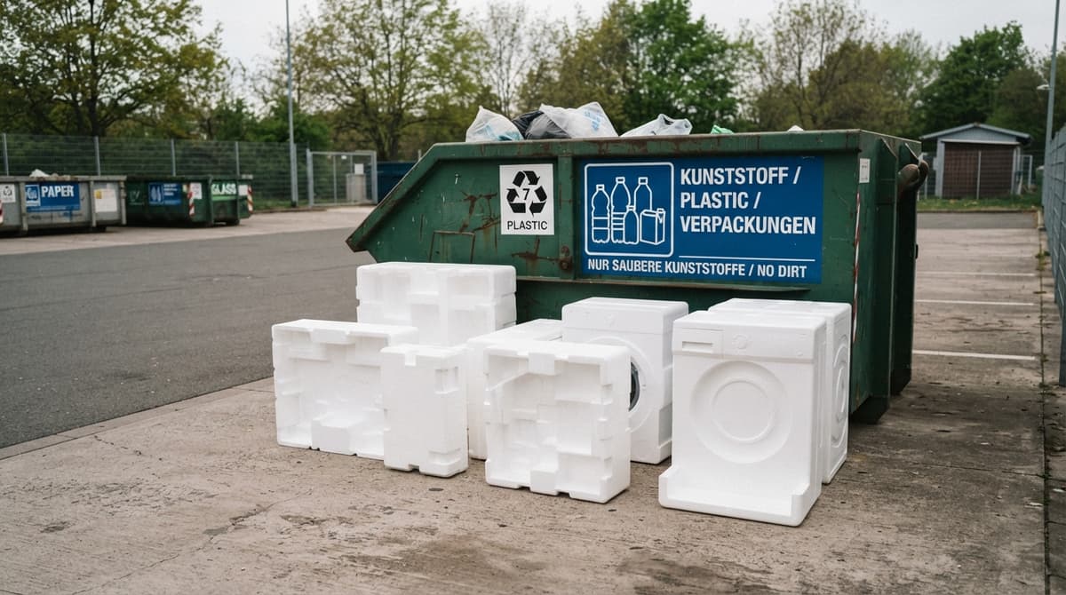 Plusieurs gros blocs de polystyrène blanc propre posés sur un sol en béton près d'une benne de déchetterie portant un pictogramme de déchets plastiques.