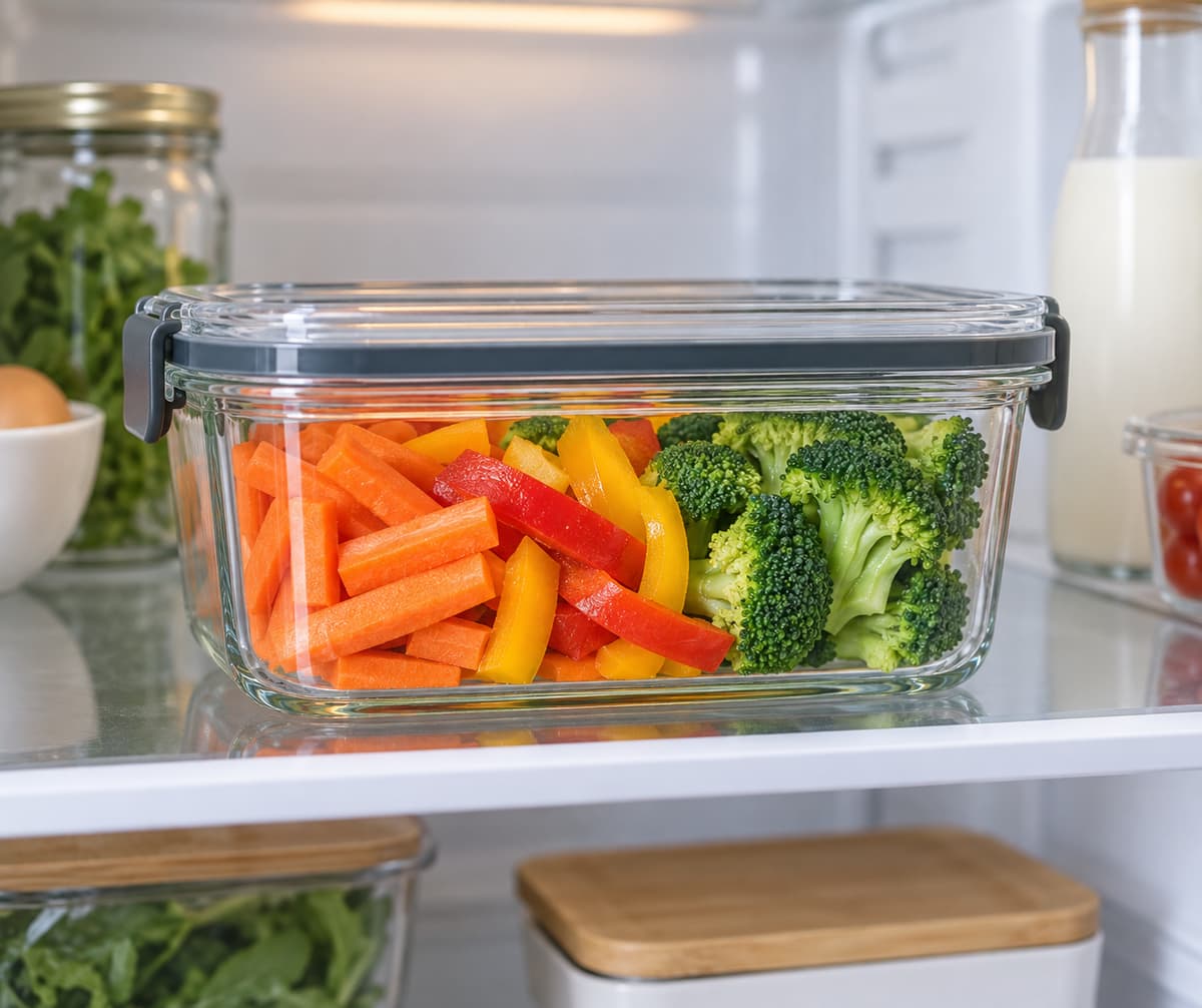 Contenant en verre transparent avec couvercle fermé, rempli de légumes préparés, posé dans un réfrigérateur domestique.
