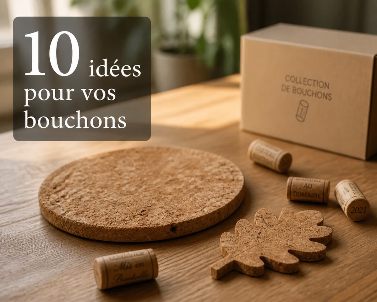 Objets fabriqués à partir de bouchons de liège naturel, dont un dessous de plat et un élément décoratif, posés sur une table en bois clair avec une boîte de collecte discrète en arrière-plan. Le texte « 10 idées pour vos bouchons » apparaît en surimpression.