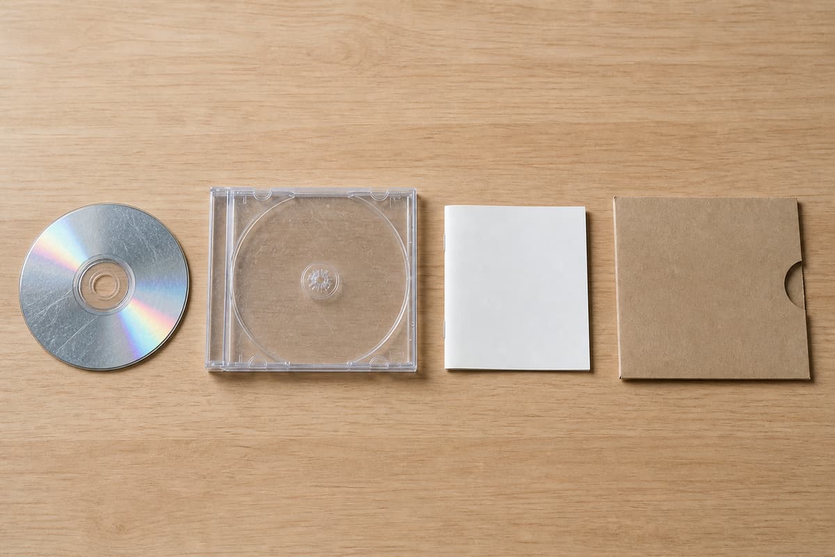 Un CD rayé, un boîtier plastique transparent, un livret papier et une pochette carton posés séparément sur une table claire en vue de dessus.