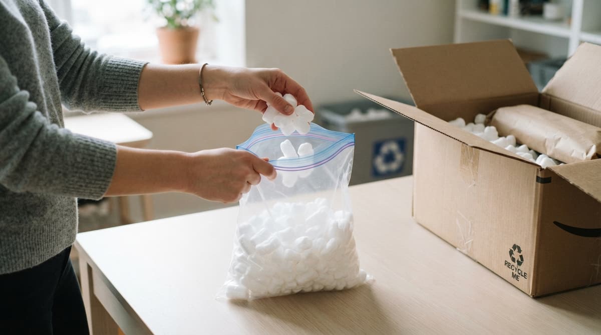 Chips de calage en polystyrène regroupées dans un sac transparent refermable posé à côté d'un carton d'emballage ouvert.