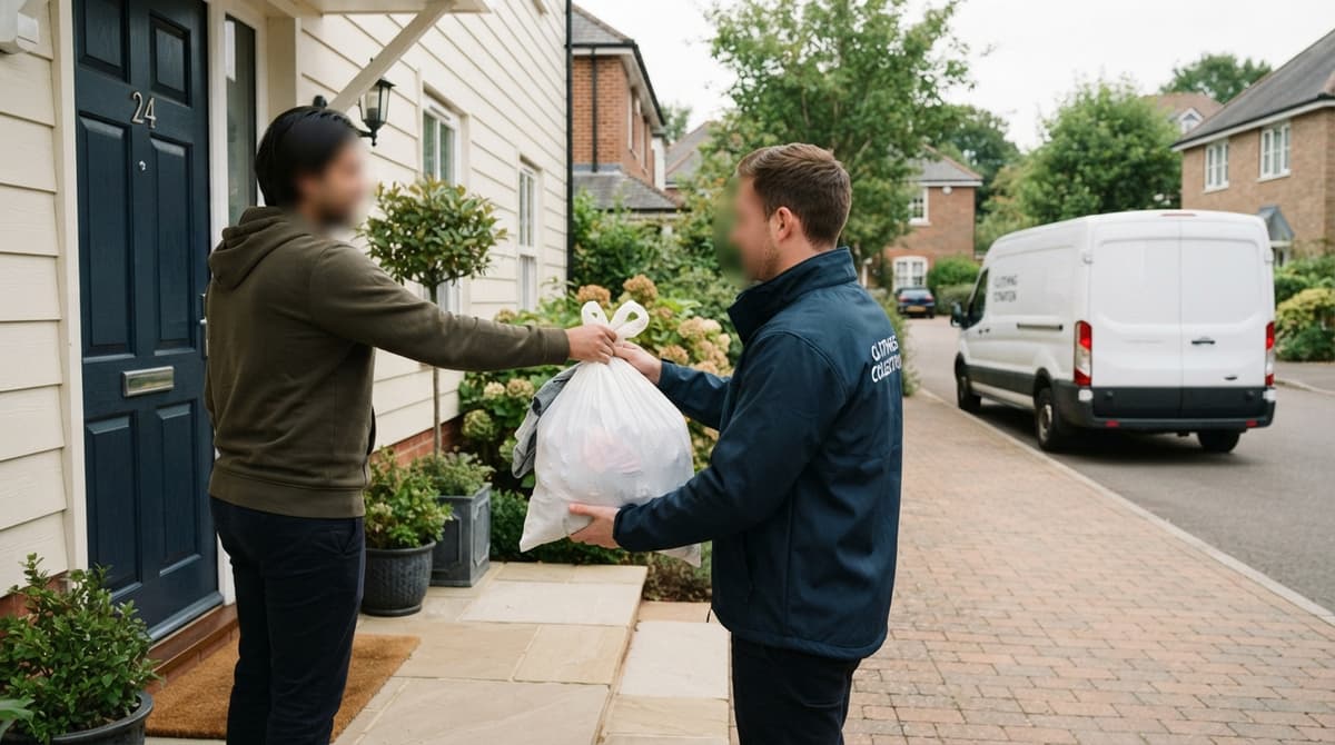 Une personne remet un sac fermé de vêtements à un collecteur devant la porte d'entrée d'une maison, avec un véhicule de collecte en arrière-plan.