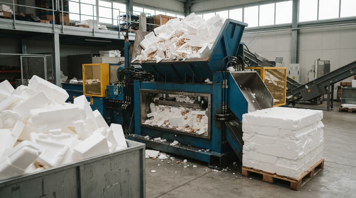 Une machine de compactage avec des morceaux de polystyrène blanc et un bloc dense de polystyrène compacté dans un centre de tri.