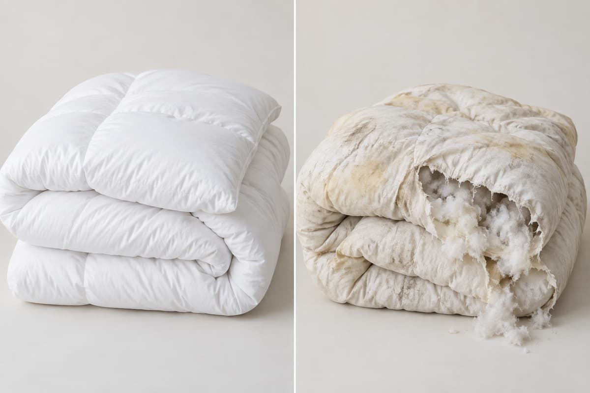 Deux panneaux côte à côte : à gauche une couette blanche propre et gonflée, à droite une couette tachée et déchirée laissant échapper son rembourrage.