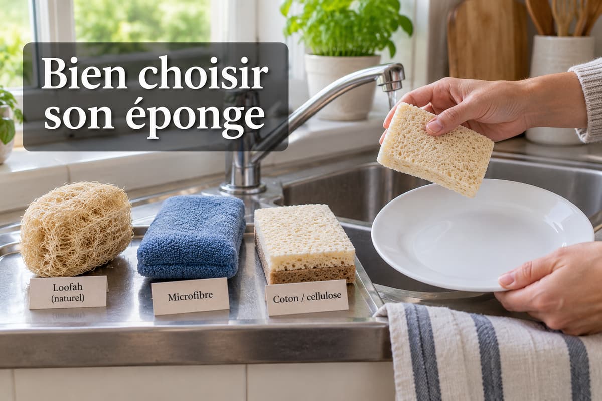 Trois éponges lavables de matières différentes posées côte à côte sur le rebord d'un évier, l'une tenue à la main au-dessus d'une assiette propre, avec le texte « Bien choisir son éponge » affiché.