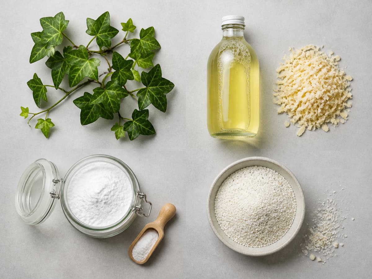 Composition en quatre zones avec des feuilles de lierre, des copeaux de savon de Marseille, un bocal de poudre blanche, une bouteille de lessive liquide et un bol de mélange renforcé.