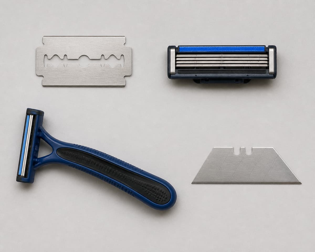 Vue de dessus de quatre objets distincts sur fond neutre : une lame de rasoir de sûreté, une cartouche de rasoir, un rasoir jetable et une lame de cutter.