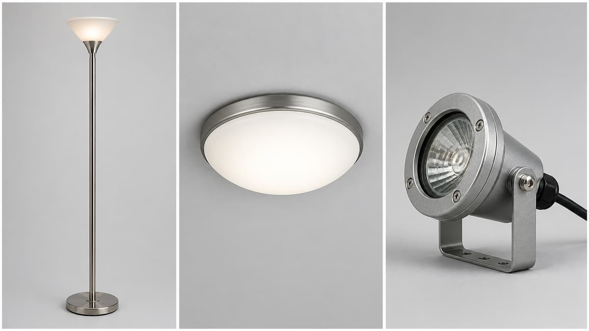 Triptyque montrant un lampadaire halogène à tube supérieur, un luminaire fixé au plafond et un projecteur halogène avec vitre et joint visible, chacun dans un panneau séparé sur fond neutre.