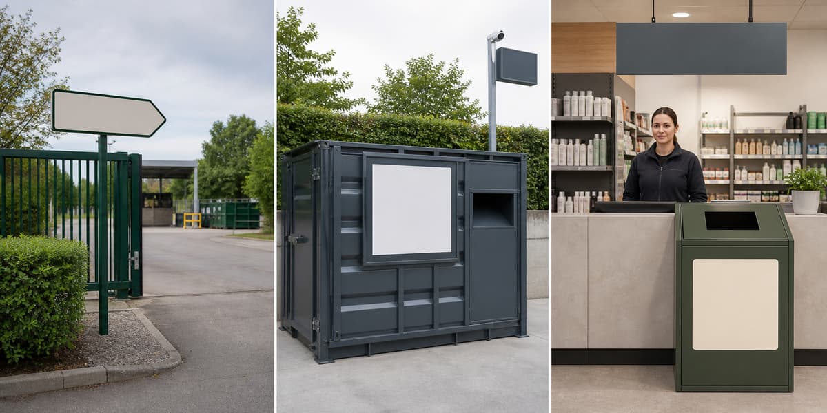 Trois panneaux horizontaux juxtaposés présentant une entrée de déchetterie, un point de collecte spécialisé et un comptoir de reprise en magasin, chacun avec une signalétique générique distincte, sans aucune hiérarchie.
