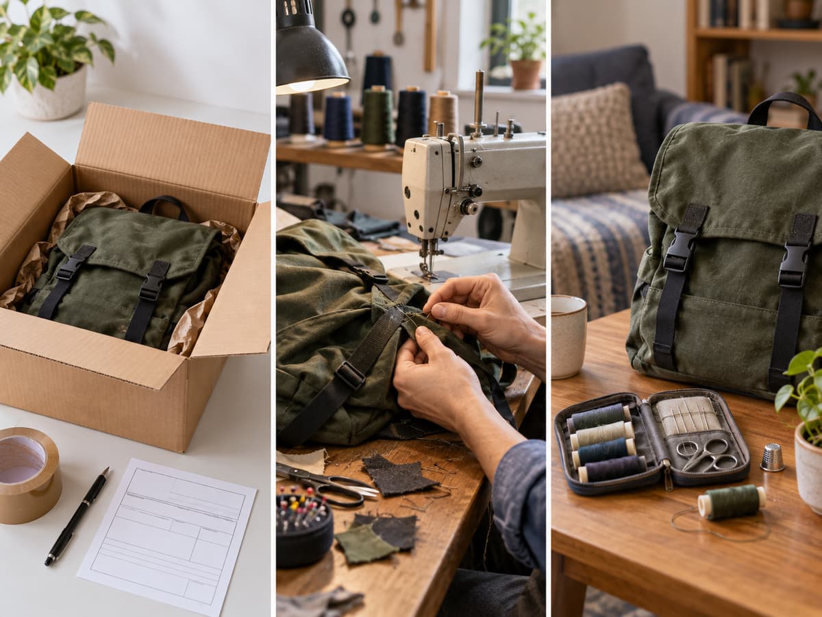 Trois panneaux distincts présentant respectivement un colis prêt à expédier avec un formulaire vierge, un atelier de réparation textile avec un sac à dos en cours de réparation, et un nécessaire de couture posé sur une table à domicile.