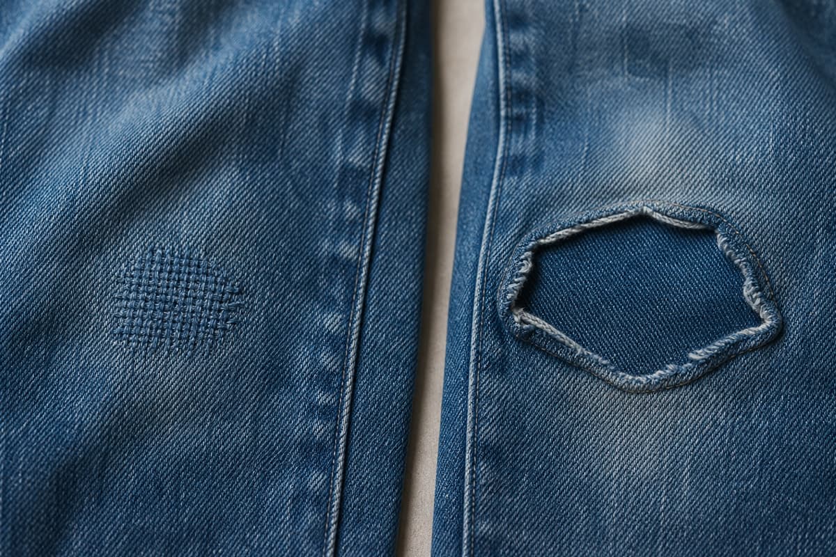 Gros plan sur deux zones d'un jean en denim : à gauche un petit trou réparé par un tissage de fils croisés, à droite une large déchirure renforcée par une pièce intérieure.