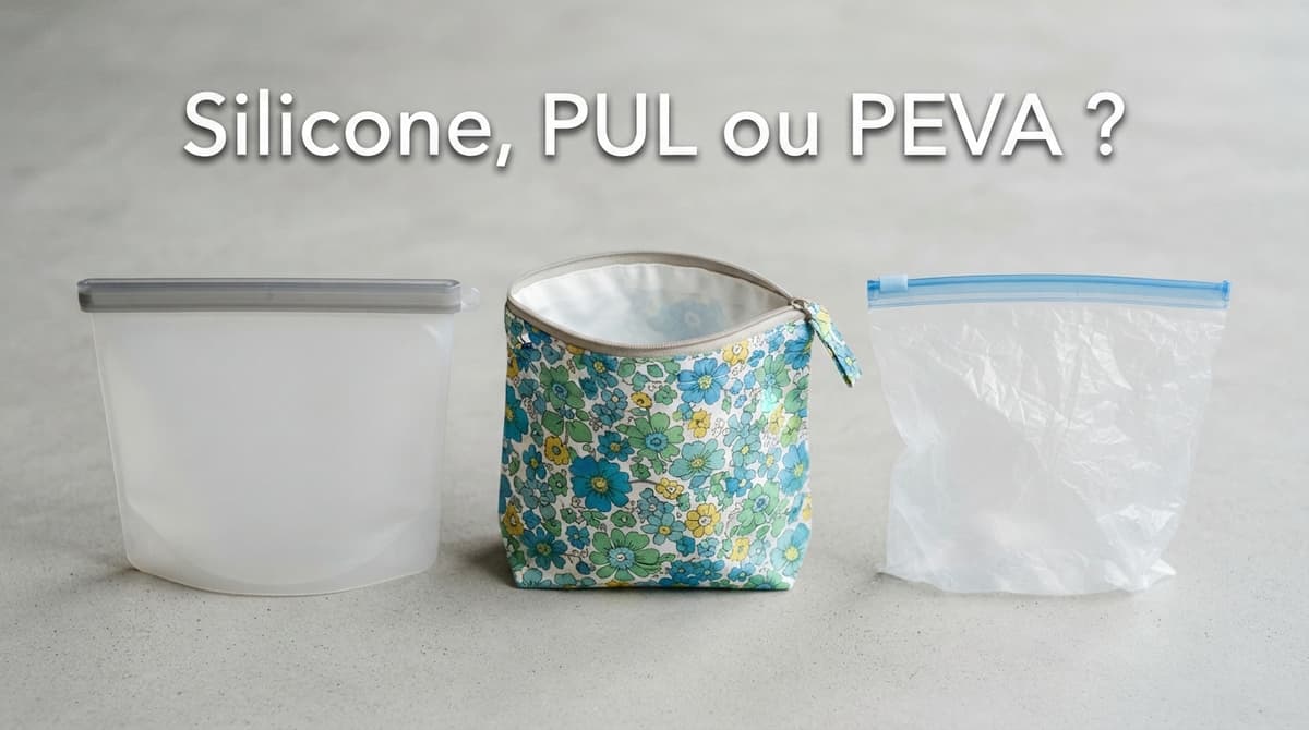 Trois sacs de congélation réutilisables alignés sur fond neutre, présentant un sac en silicone, un sac en tissu PUL et un sac en PEVA, avec le texte 'Silicone, PUL ou PEVA ?' affiché en surimpression.