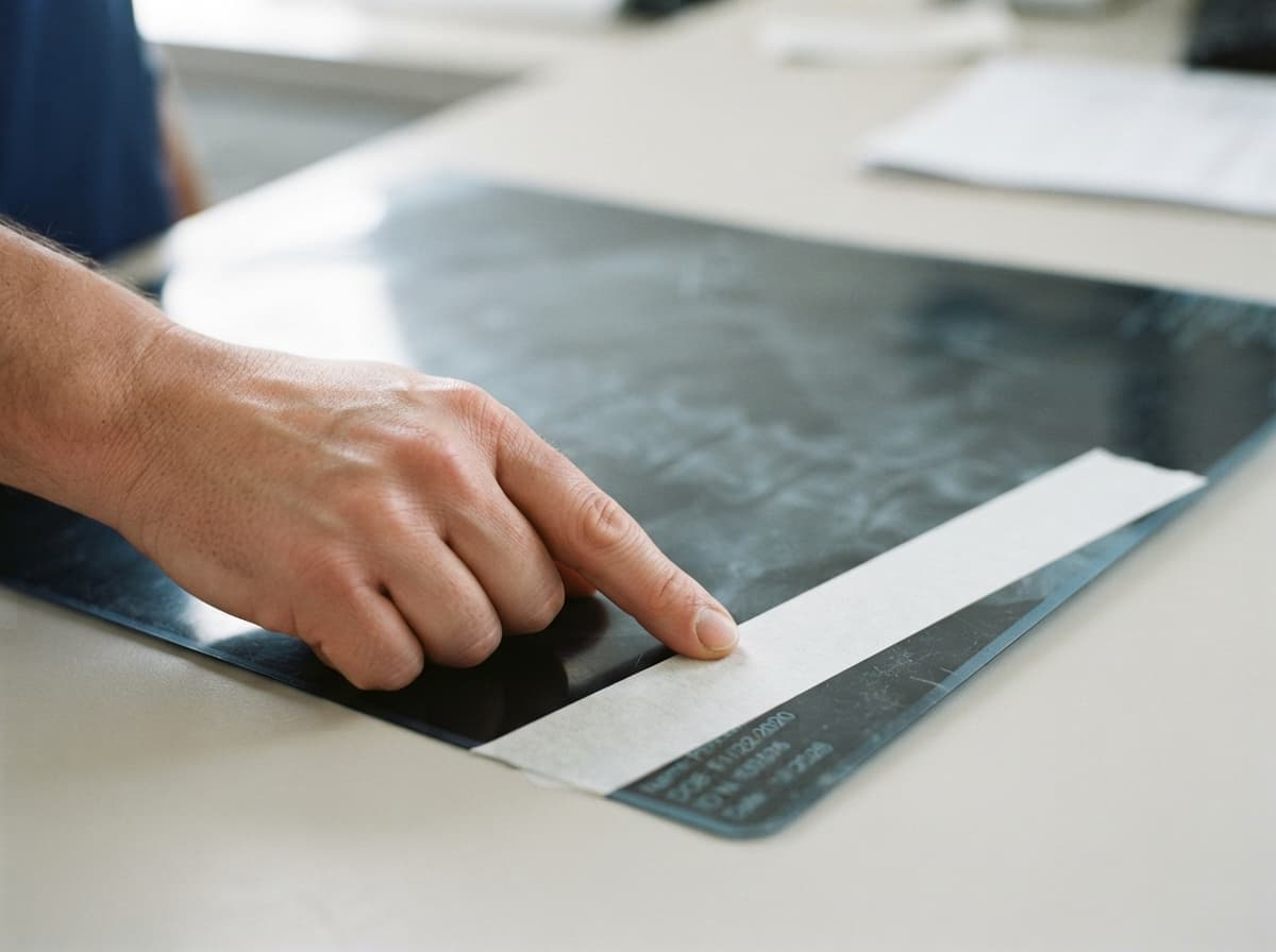 Main appliquant une bande opaque sur le coin d’une radiographie médicale pour masquer les informations d’identification.