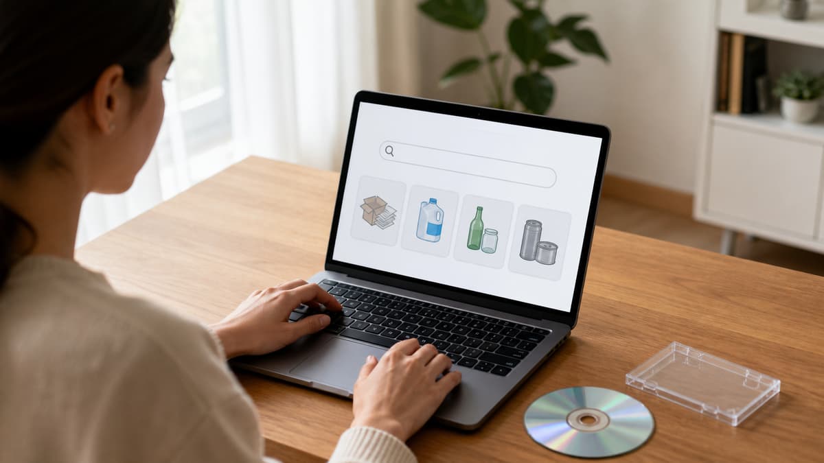 Personne assise à une table consultant une interface de tri sur un ordinateur portable, un CD et son boîtier posés à côté.