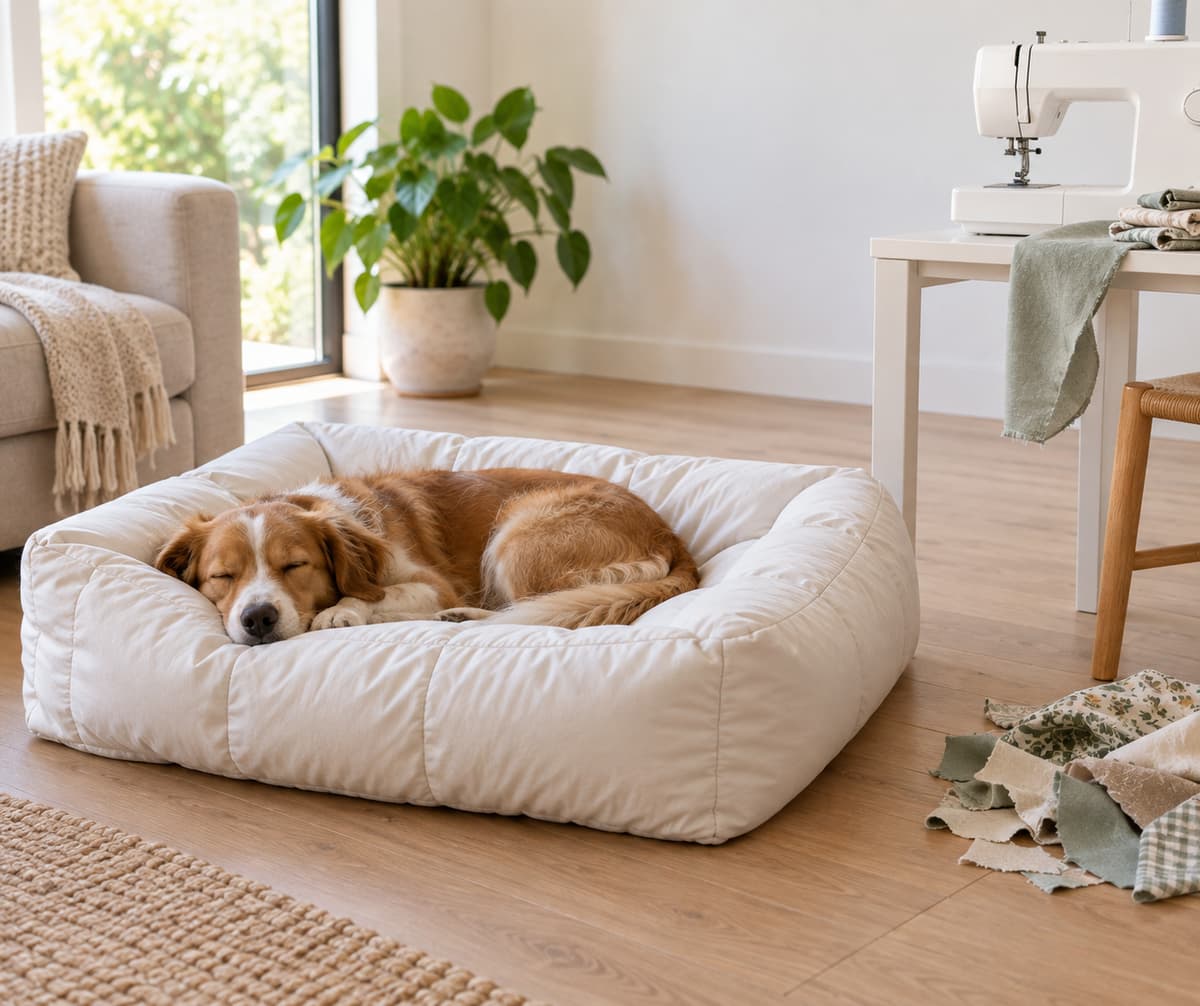 Une couette propre transformée en coussin pour animal, posée sur un sol en bois clair à côté d’une machine à coudre et de chutes de tissu dans un intérieur simple.
