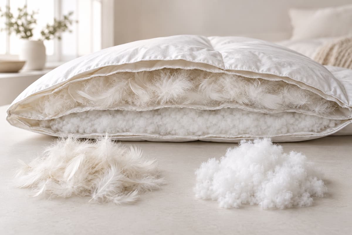 Coupe d’une couette montrant une enveloppe textile distincte et deux échantillons de garnissage de textures différentes posés à côté.