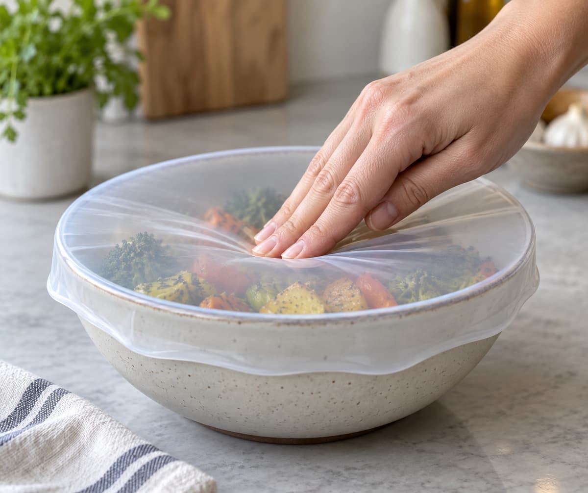 Un couvercle en silicone souple étiré sur un bol rond contenant des restes alimentaires, une main appuyant légèrement au centre, le bord du couvercle tendu sur le rebord.