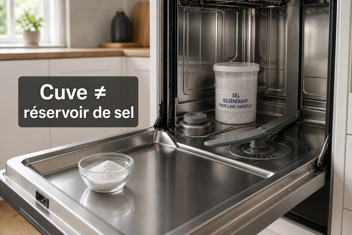 Lave-vaisselle ouvert et vide montrant la cuve intérieure, une petite coupelle de bicarbonate hors du réservoir, et le réservoir de sel avec un contenant de sel régénérant ; texte superposé « Cuve ≠ réservoir de sel ».