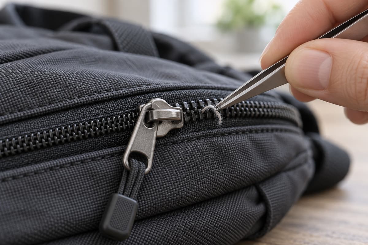 Gros plan sur une main retirant délicatement un fil coincé de la fermeture éclair d'un sac avec une petite pince, le tissu restant détendu.