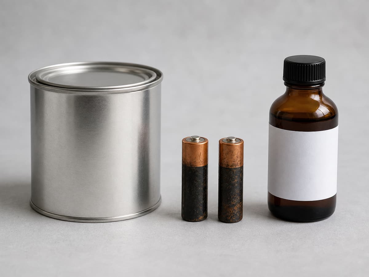 Nature morte de trois déchets dangereux domestiques séparés sur une surface neutre : un pot de peinture fermé, des piles usagées et un petit flacon de produit chimique.