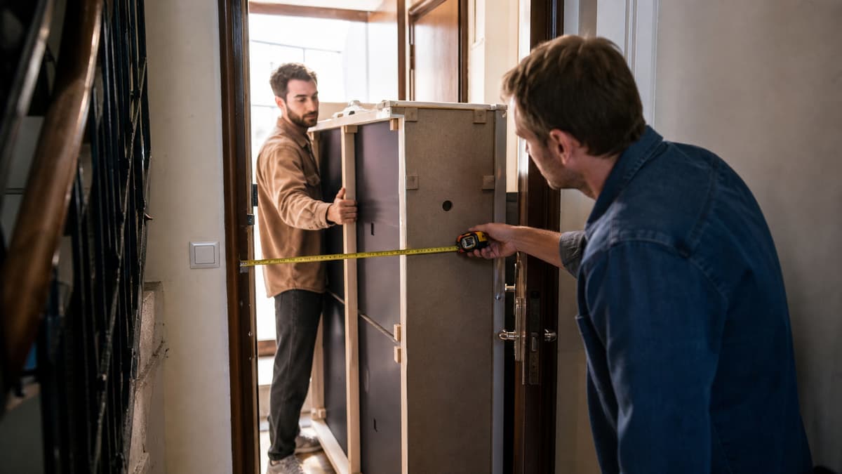 Deux personnes portent avec précaution un meuble volumineux vers une entrée d’immeuble, avec un escalier et un mètre ruban visibles.