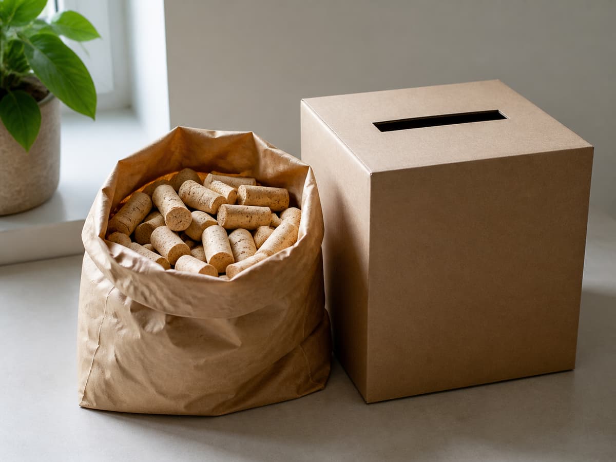 Sac en papier ouvert rempli de bouchons de liège propres et secs posé à côté d'une boîte de collecte neutre sans logo.