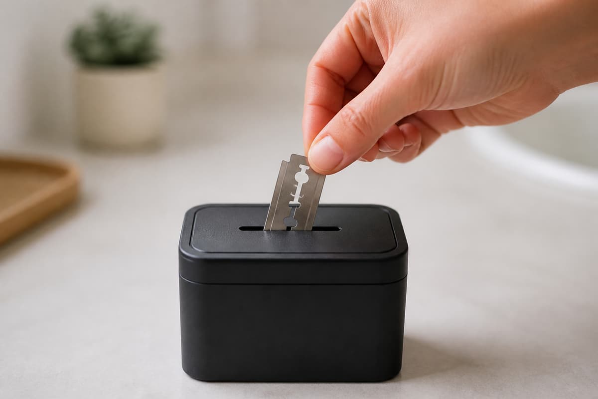 Main déposant prudemment une lame de rasoir métallique usagée dans une boîte à lames rigide, dans un intérieur domestique neutre.