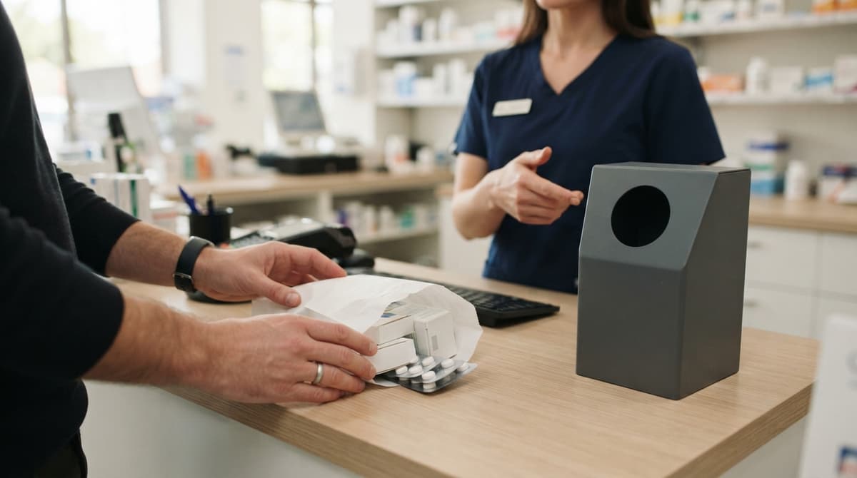 Un client dépose un sac de médicaments sur le comptoir d’une pharmacie, face à un professionnel qui montre un bac de collecte.