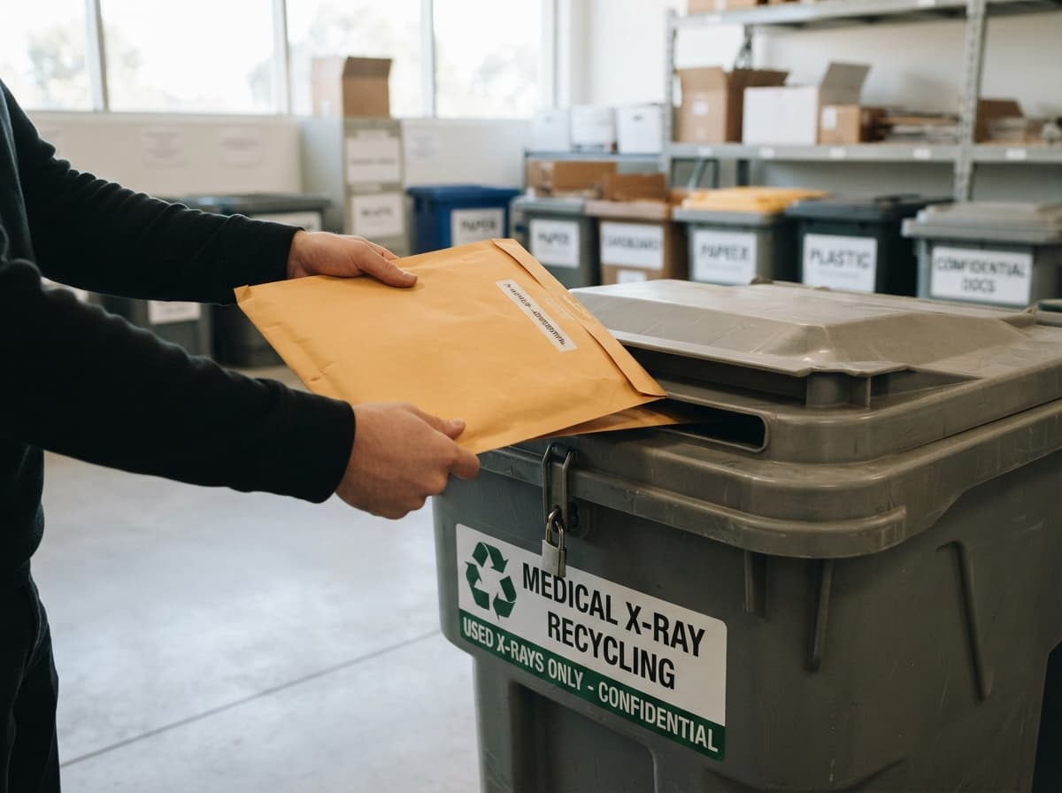 Des mains glissent une enveloppe de radiographies dans un conteneur de collecte au sein d'une déchetterie propre et ordonnée.