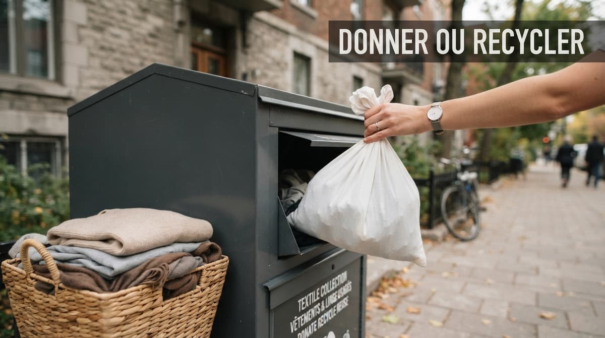 Une main dépose un sac fermé dans un conteneur textile de rue, à côté d'un panier de vêtements propres, avec le texte « Donner ou recycler » affiché en surimpression.