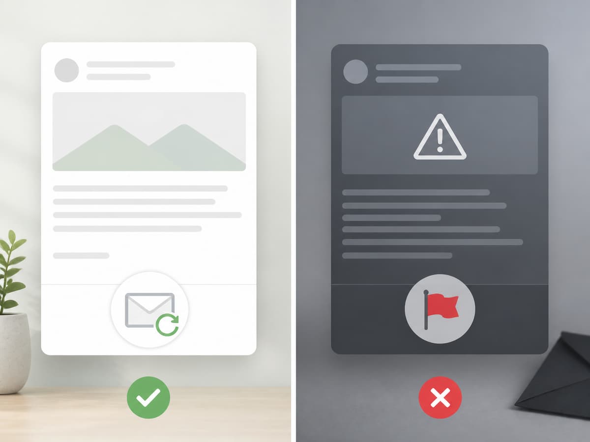Comparaison visuelle entre une newsletter légitime avec une icône de désabonnement et un message suspect générique avec une icône de signalement comme spam.