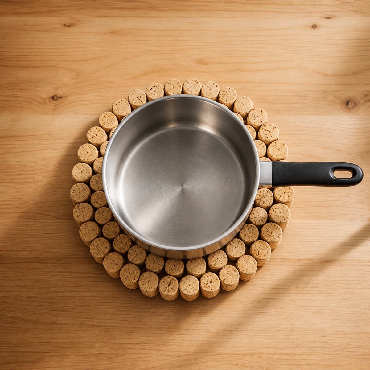 Dessous de plat circulaire en bouchons de liège supportant une casserole sur une table de repas en bois clair.