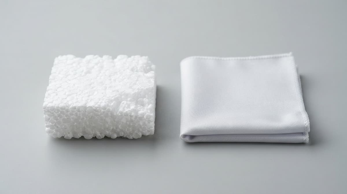 Deux matériaux côte à côte : un morceau de polystyrène expansé blanc à texture alvéolaire et un échantillon de tissu en polyester à surface lisse, posés sur un fond neutre.