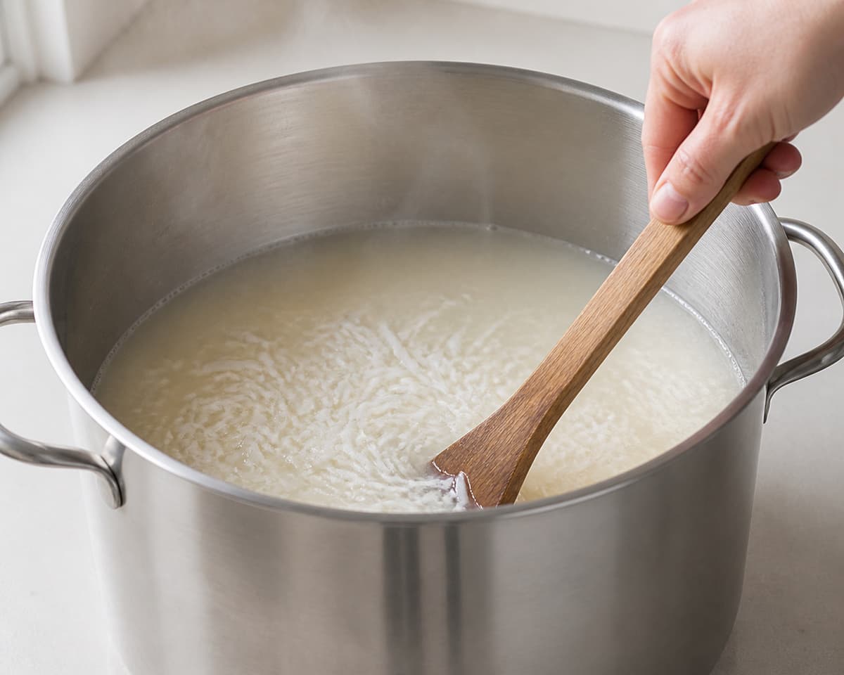 Gros plan d'une main remuant du savon râpé en train de fondre dans un grand récipient d'eau chaude avec une spatule en bois.