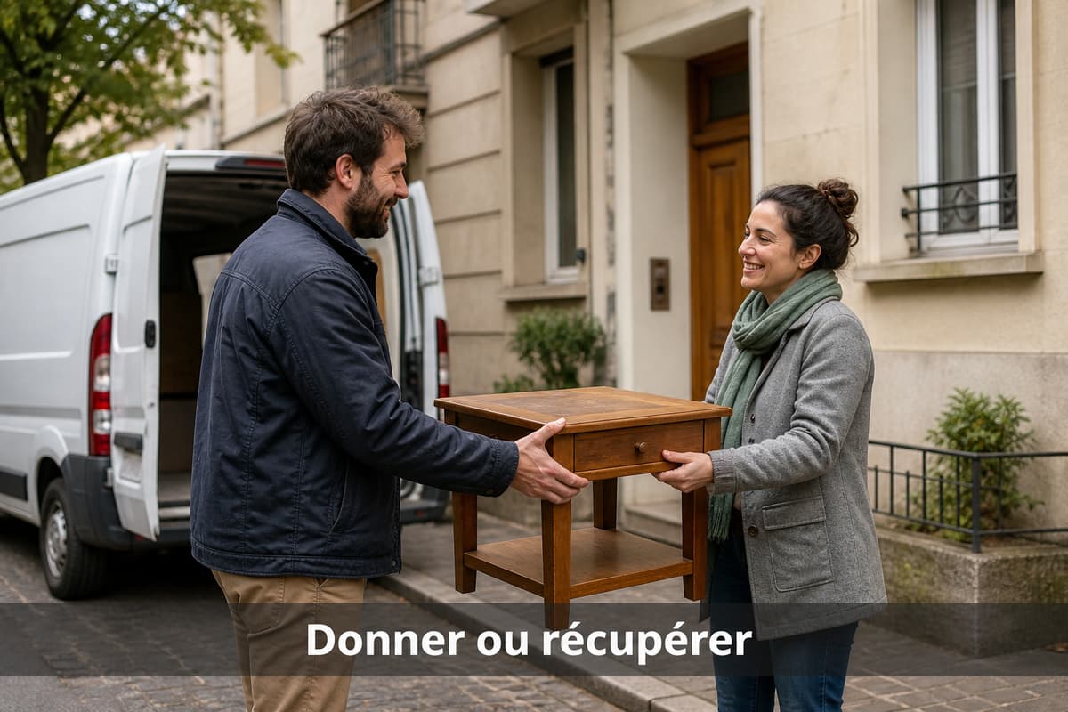 Deux personnes se passent un petit meuble en bois devant un immeuble, avec un utilitaire discret en arrière-plan, sous le texte « Donner ou récupérer ».