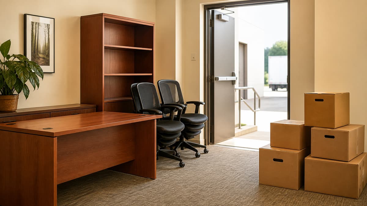 Un bureau lumineux avec une table de bureau, des chaises empilées, une armoire et des cartons de rangement regroupés près d’une zone de sortie dégagée.