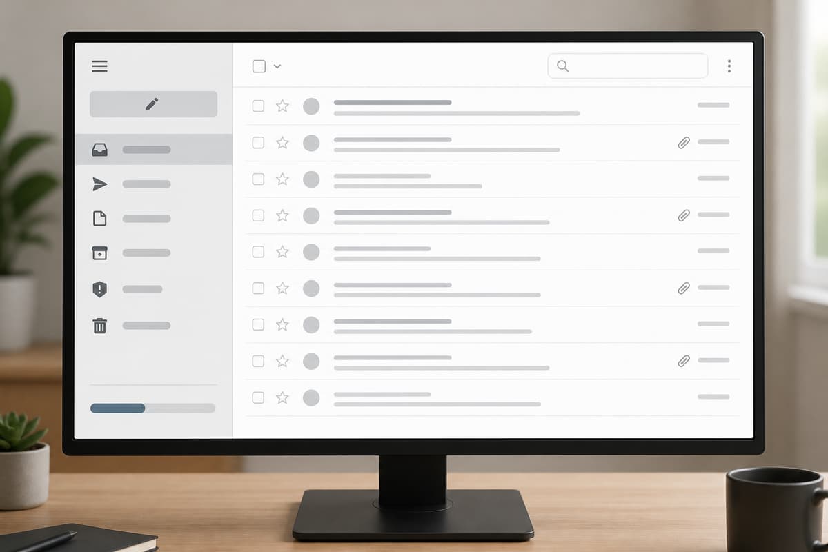 Interface de messagerie générique montrant une colonne de dossiers à gauche, une liste de messages avec des icônes de pièces jointes et une barre d'espace occupé en bas à gauche.