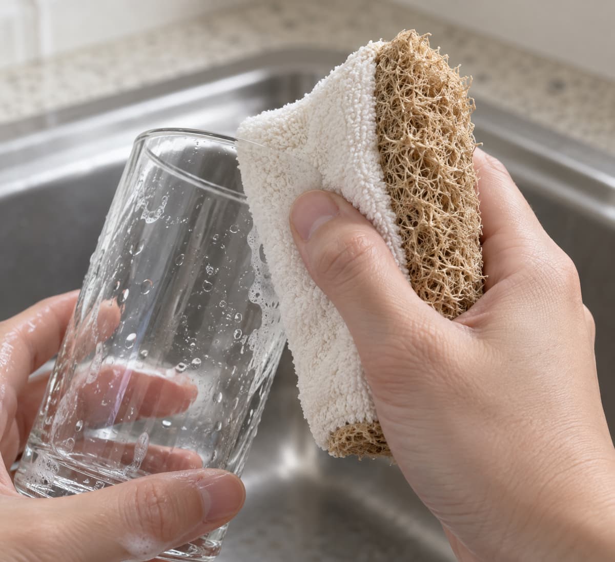 Éponge vaisselle double face en cours d'utilisation, avec une face coton douce nettoyant un verre et une face en fibres de loofah visible sur le côté.