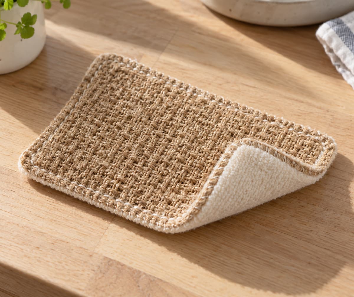 Éponge lavable rectangulaire posée sur un plan de travail en bois clair, montrant une face en toile de jute brute et une face en coton clair, avec des coutures nettes visibles.
