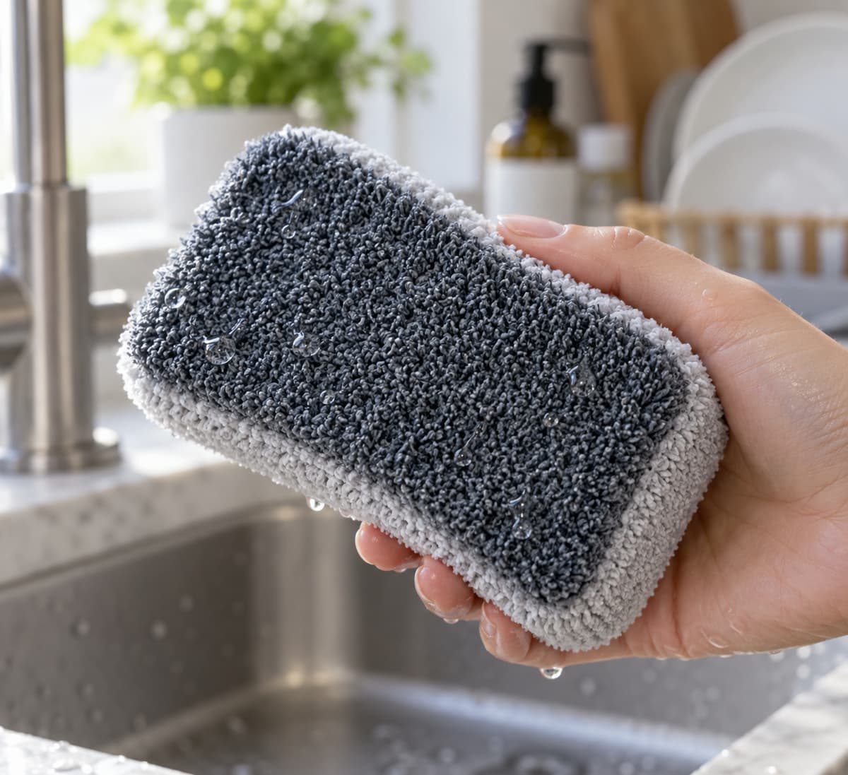 Éponge en microfibre tenue au-dessus d’un évier, face grattante texturée visible et gouttes d’eau perlant à sa surface.