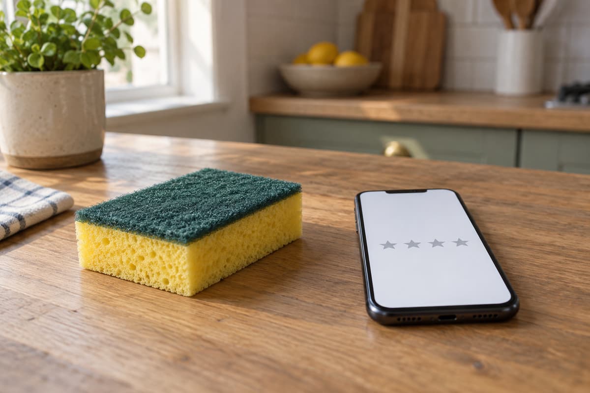 Éponge neutre posée sur une table de cuisine à côté d’un téléphone affichant uniquement quelques étoiles.