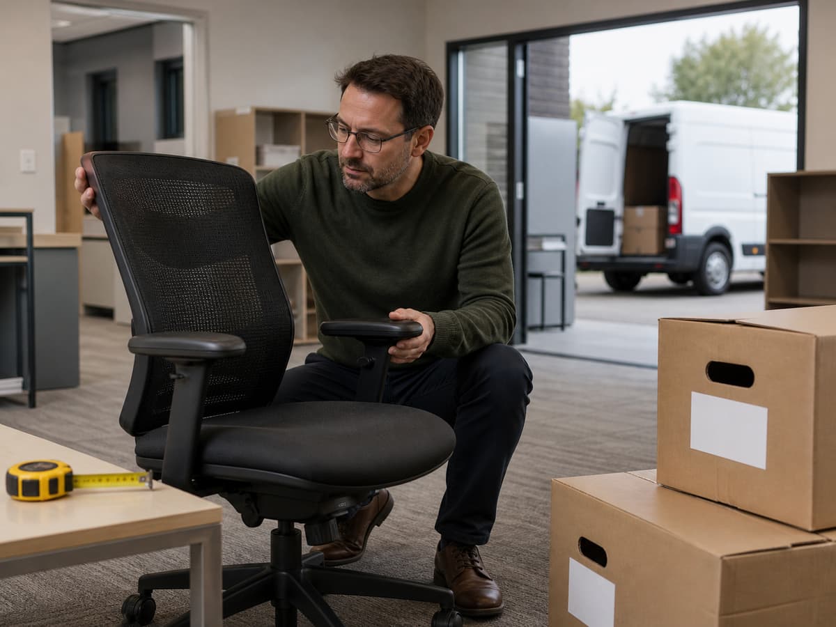 Une personne examine une chaise de bureau stable à côté d'une table, avec un mètre ruban, des cartons de tri et un véhicule utilitaire discret en arrière-plan.