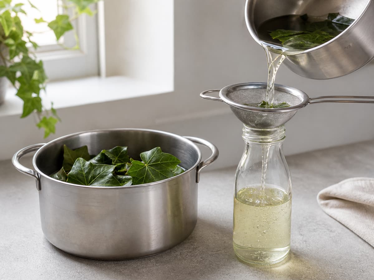 Des feuilles de lierre fraîches dans une casserole, une passoire fine et un liquide clair légèrement vert filtré et versé dans un petit flacon de conservation.