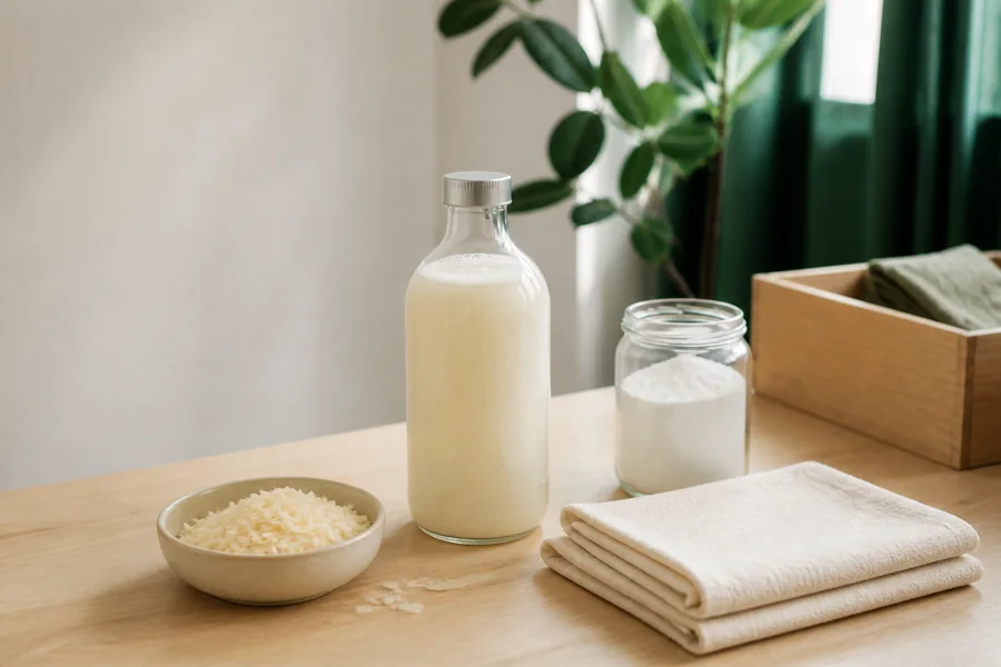 Bouteille de lessive maison, bicarbonate et linge propre sur une table en bois clair.