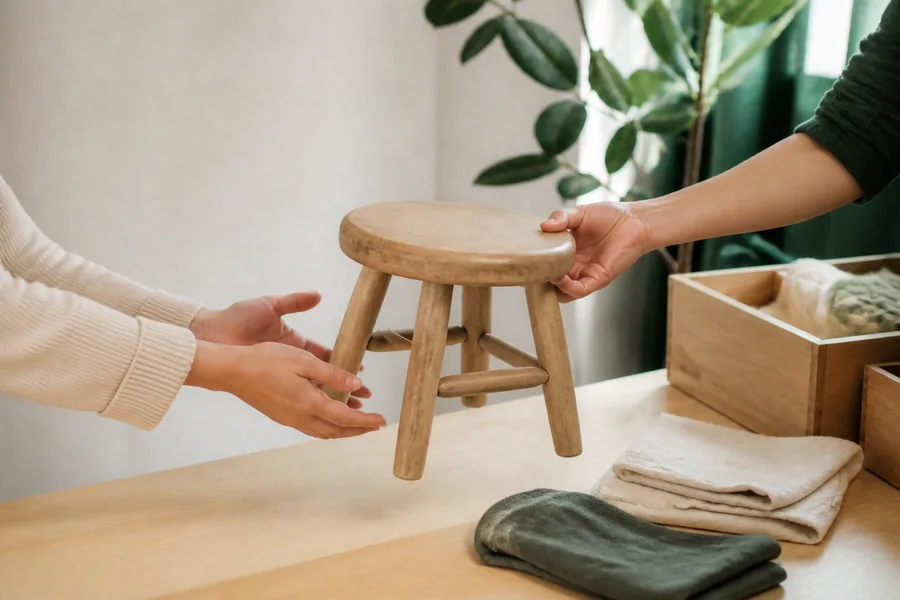 Deux personnes se transmettent un petit tabouret en bois pour lui donner une seconde vie.