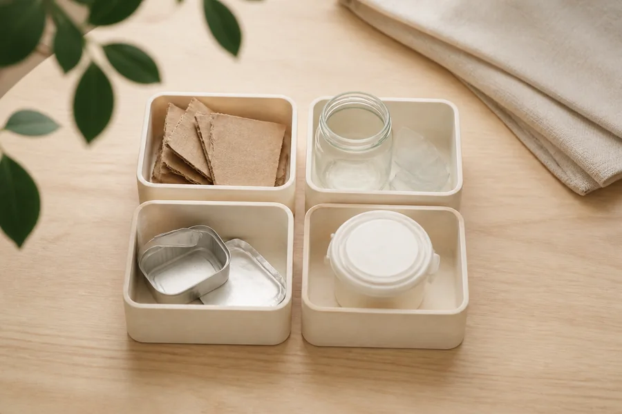 Papier, verre, métal et déchet spécifique séparés dans des contenants réutilisables.